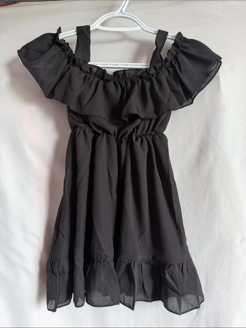 Girls Black Ruffle Off-Shoulder Dress